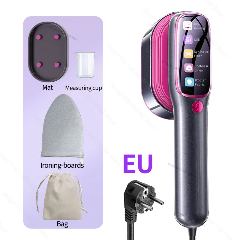 Garment steamer kit: EU plug, measuring cup, ironing-board mat, and storage bag