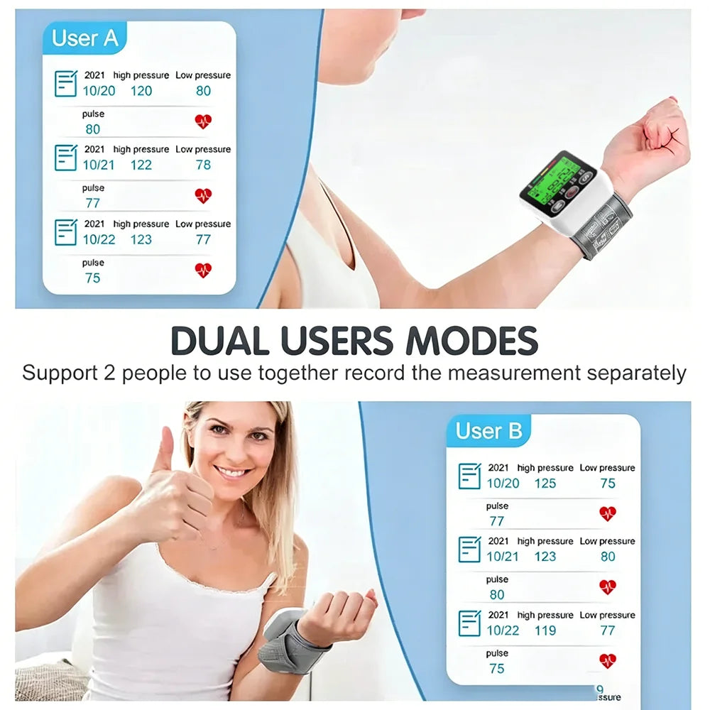 Wrist Digital Blood Pressure Monitor Heart Rate Pulse Meter Measure Sphygmomanometer LCD Screen Portable Health Care Tonometer
