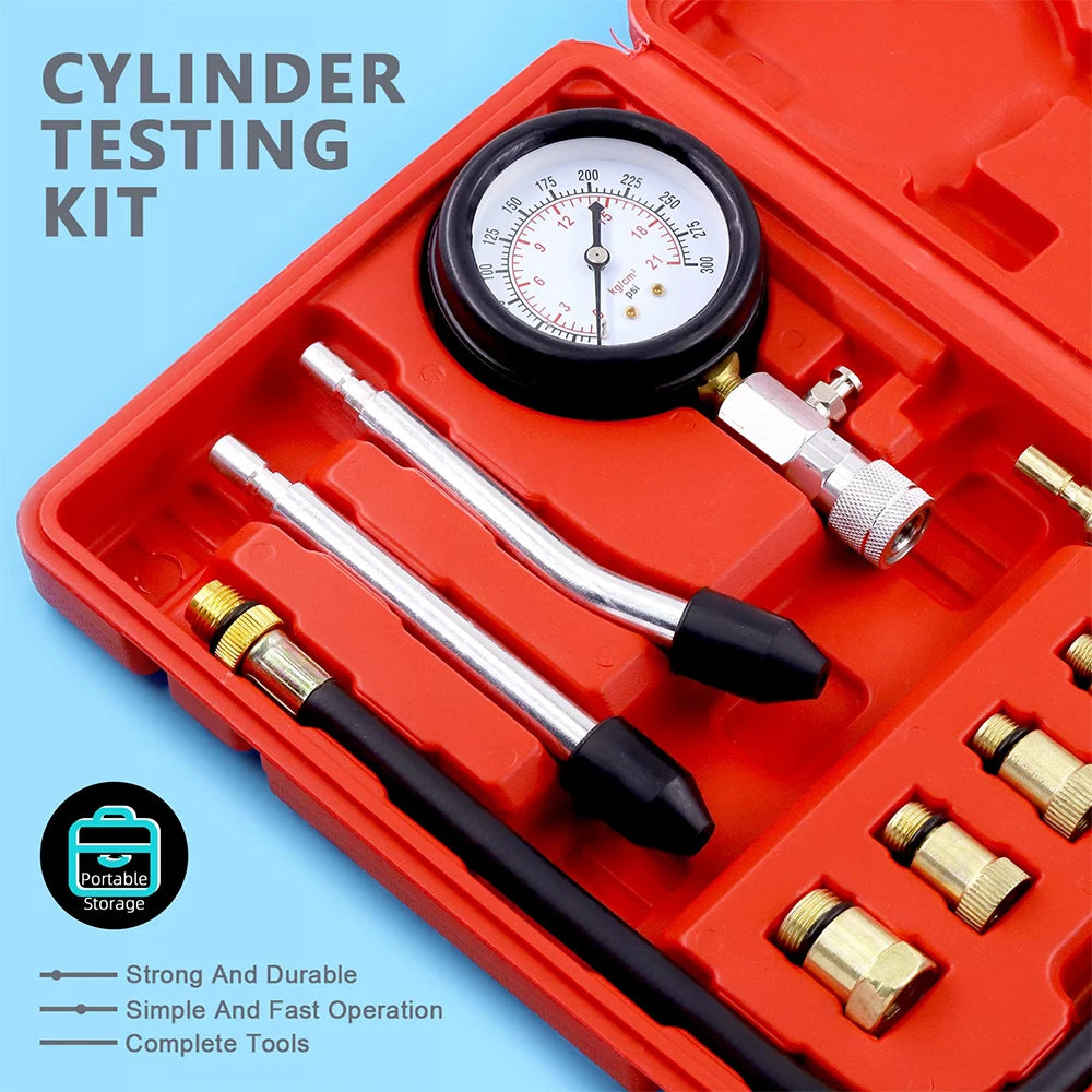 Podofo 8PCS Petrol Engine Cylinder Pressure Gauge 0-300PSI Automotive Compression Tester with Adapters for Vehicle Motorcycle