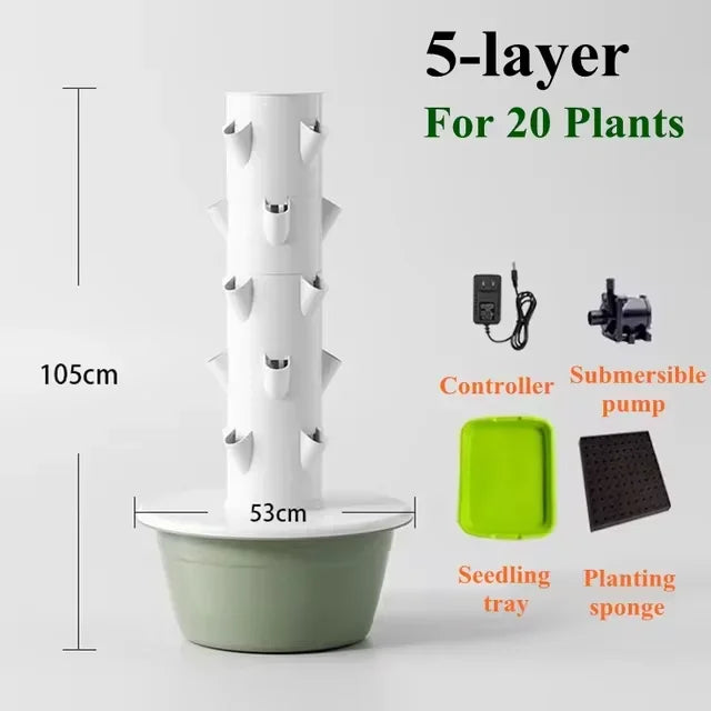 5-layer vertical aeroponic tower garden with seedling tray, planting sponge, and pump