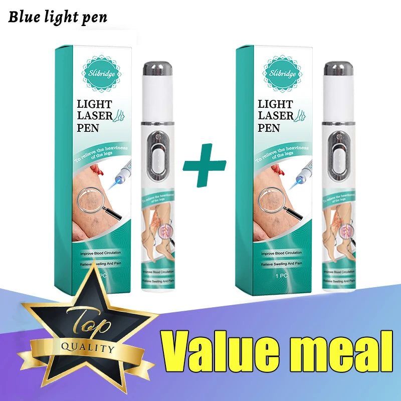 Two Slibridge blue light laser pens for varicose vein treatment in retail boxes for painless leg pain relief.