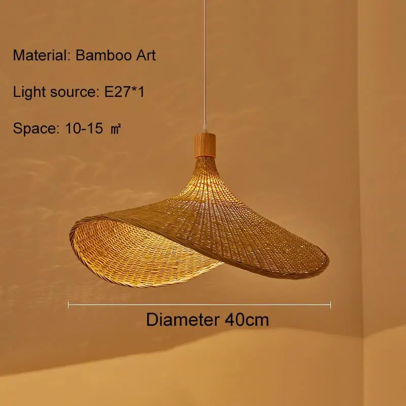 40cm wide bamboo pendant light with a wavy, shallow conical shade for ambient indoor lighting.