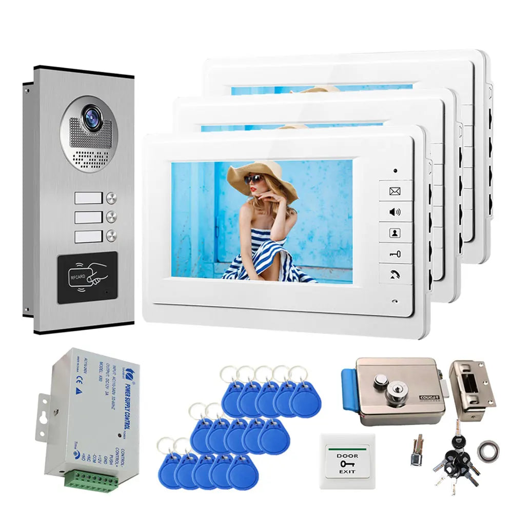 Outdoor intercom panel with indoor monitors showing video, plus RFID keys and door lock
