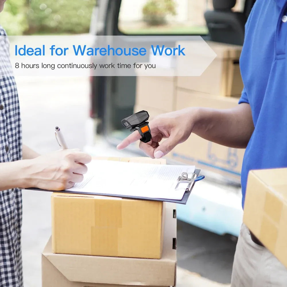 Black finger ring 2D barcode scanner used for warehouse package scanning
