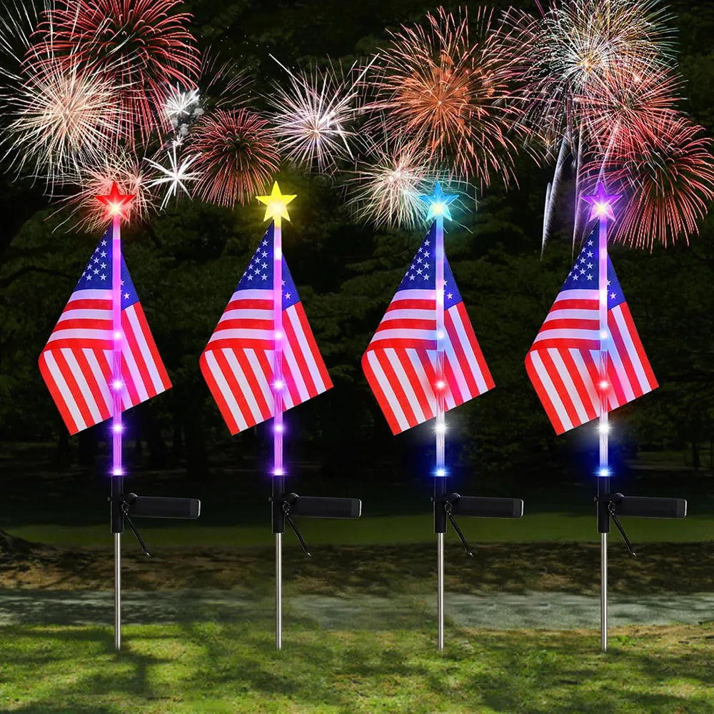 4Pcs LED American Flag Solar Lights Outdoor, 4th Of July Decoration Flag Lights with 2 Modes, Waterproof Summer Decora Garden Light, LED Solar Flag Patriotic Lights for Yard, Garden, Pathway, Independence Day, Memorial Day