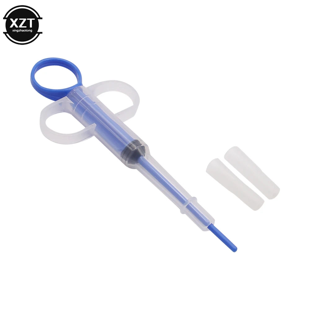 Blue and clear plastic pet pill dispenser syringe for easy medicine, tablet, and liquid feeding for cats and dogs.
