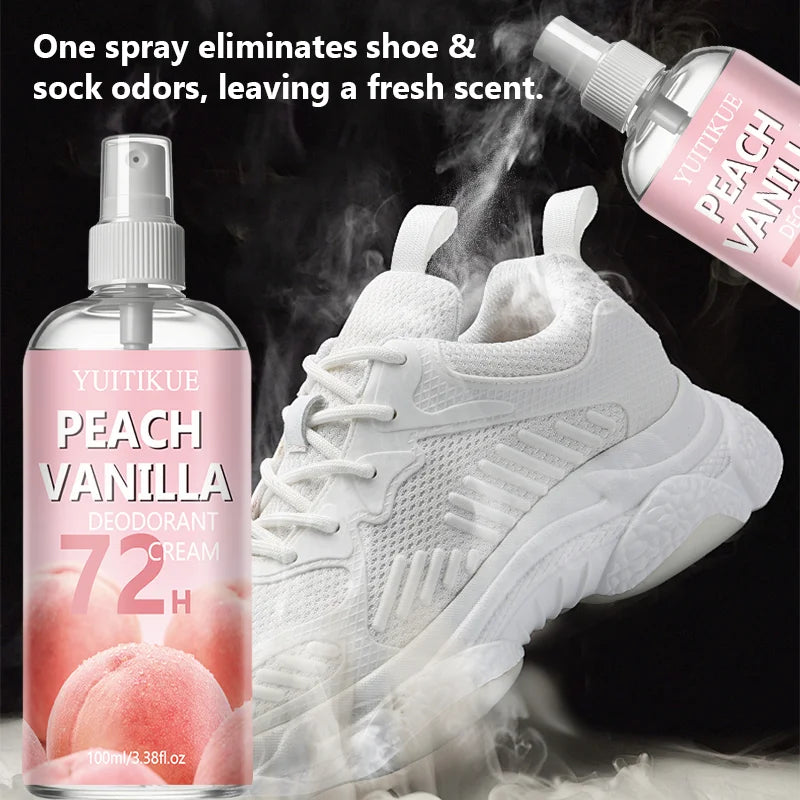 Tidesmit Peach Vanilla 72H long lasting deodorant spray for feet and shoes to eliminate odor and keep fresh.