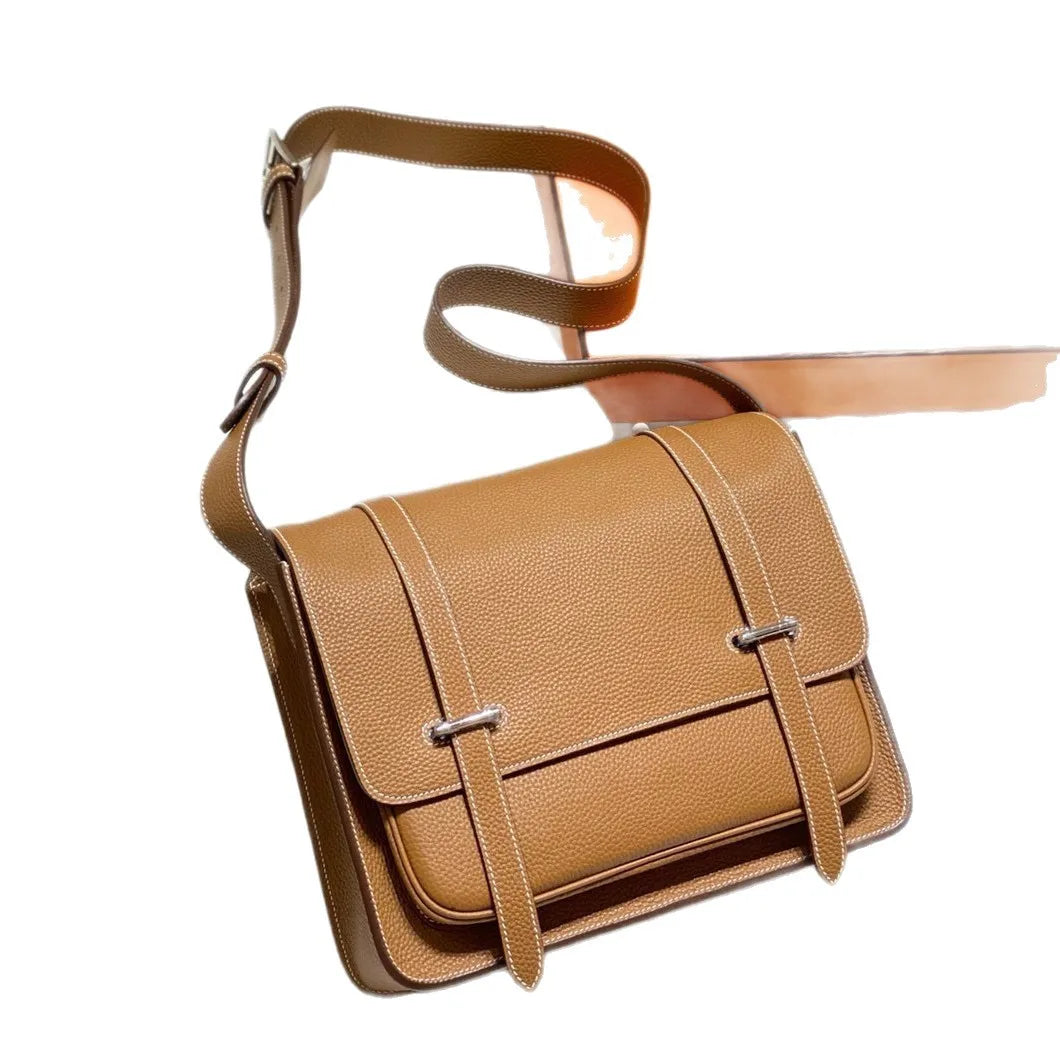 Leather Shoulder Bag Men's Retro Style Sewn with Wax Thread Top Layer Cowhide Single Shoulder Bag for Daily Use