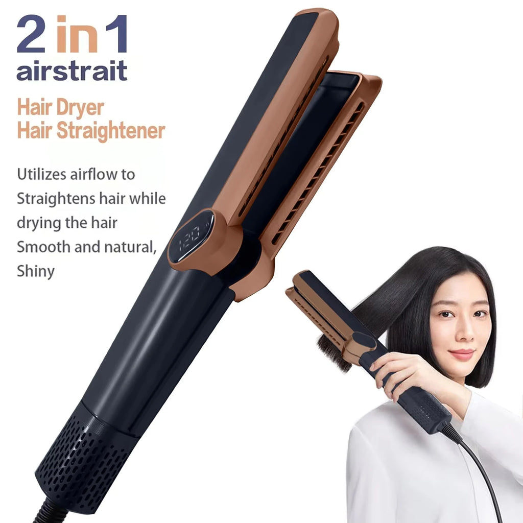 2-in-1 ionic hair dryer and straightener in black and bronze with digital LCD display for wet and dry styling.