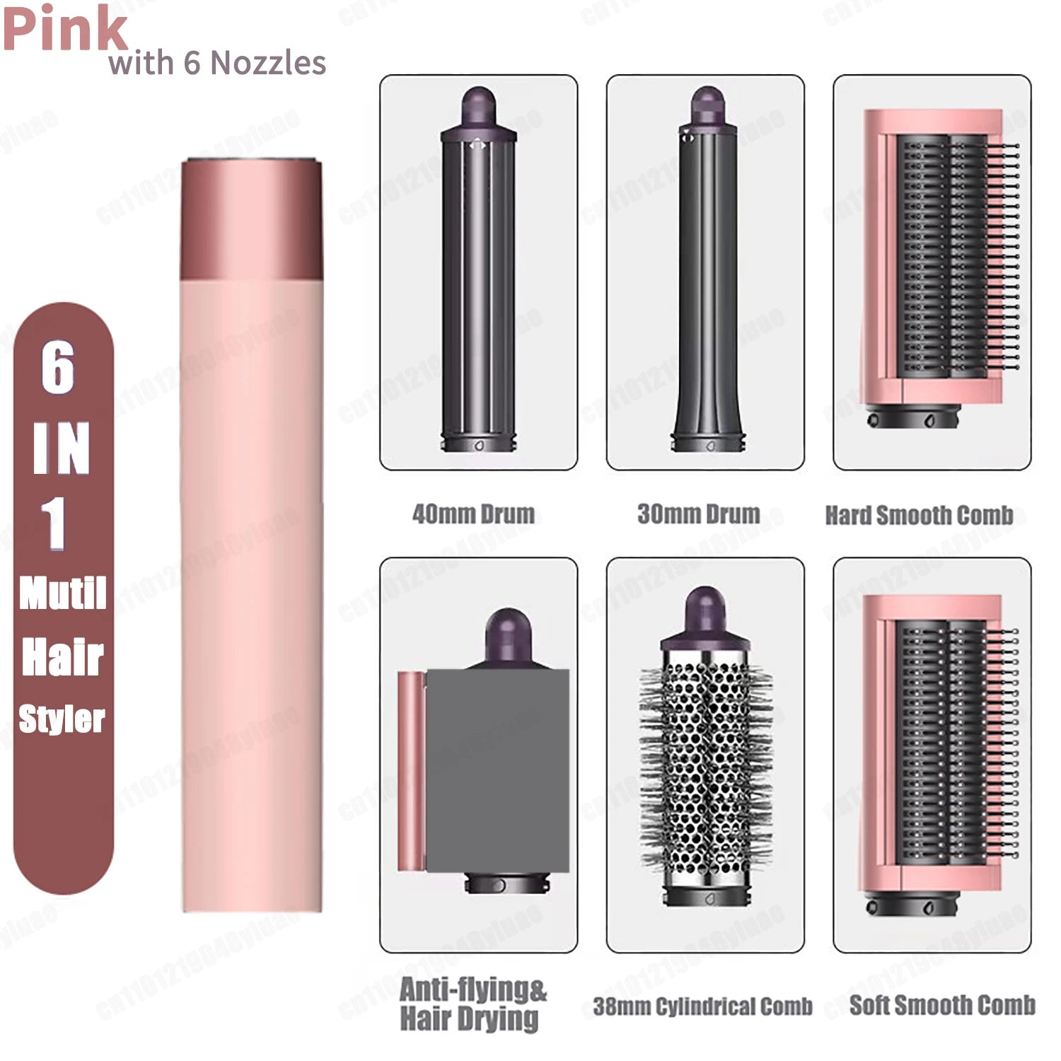 Pink 6-in-1 auto curling hair styler with dryer, 30/40mm barrels, smoothing and volumizing brushes for salon styling.