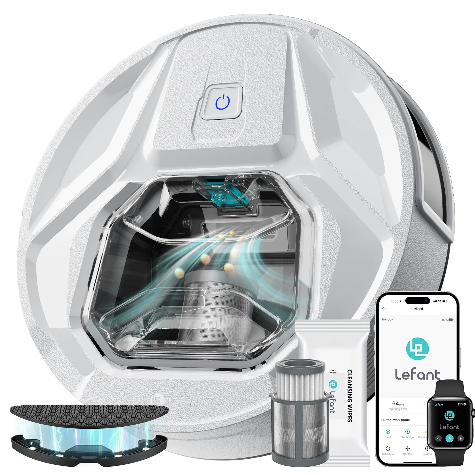 Tidesmit Lefant M320 Robot Vacuum showing underside brush system for 6000 Pa suction power on carpets and hardwood