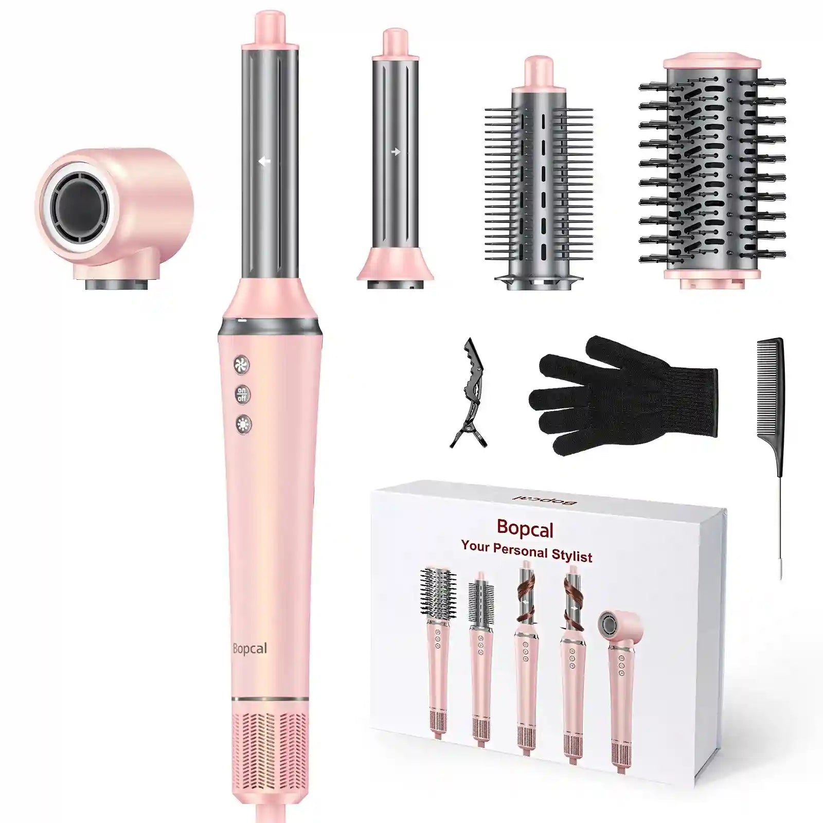 Bopcal 5-in-1 pink hair dryer brush set with curling attachments, styling comb, and glove for professional hair drying.