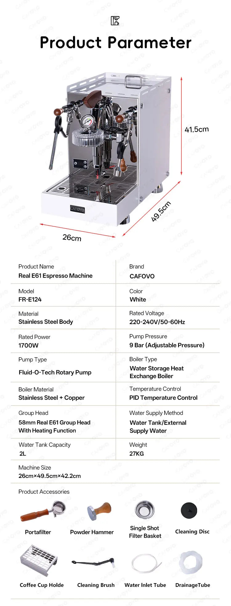 CAFOVO white stainless steel E61 espresso machine, 2L capacity, 58mm group head, professional coffee maker specs.