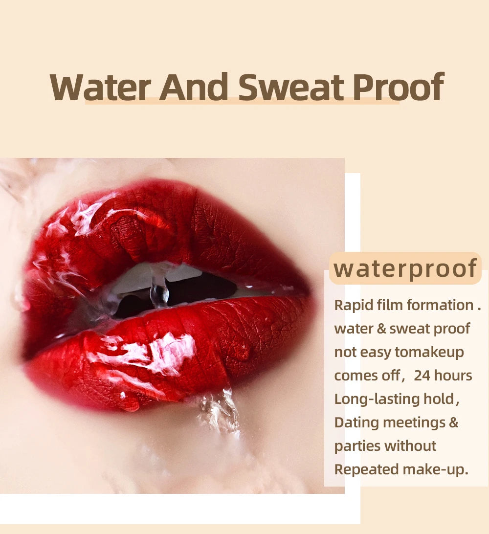Waterproof velvet red liquid lipstick with long-lasting, nonstick matte finish on lips.