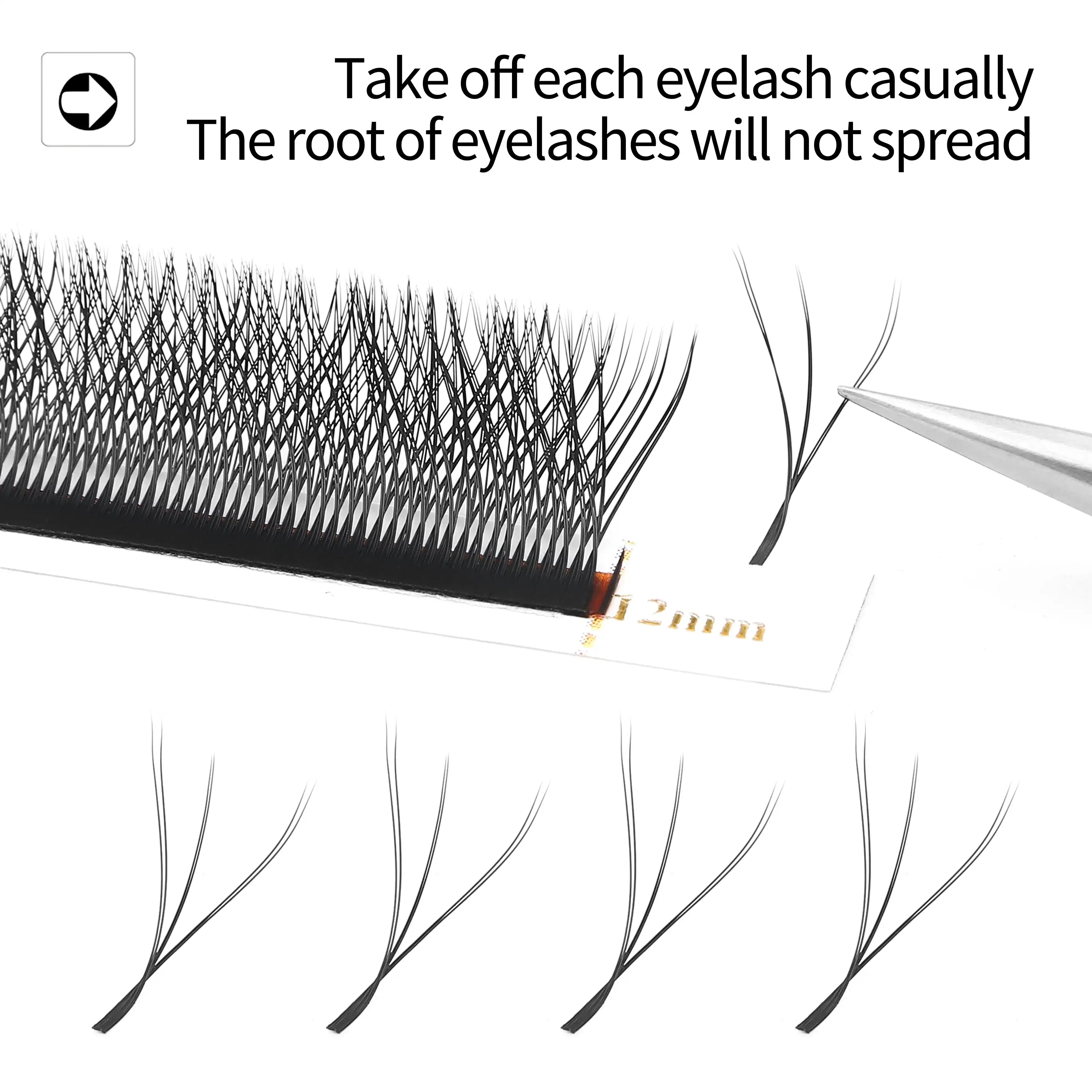 Black premade volume eyelash extensions in a strip with 4D fan clusters being picked up by metal tweezers.