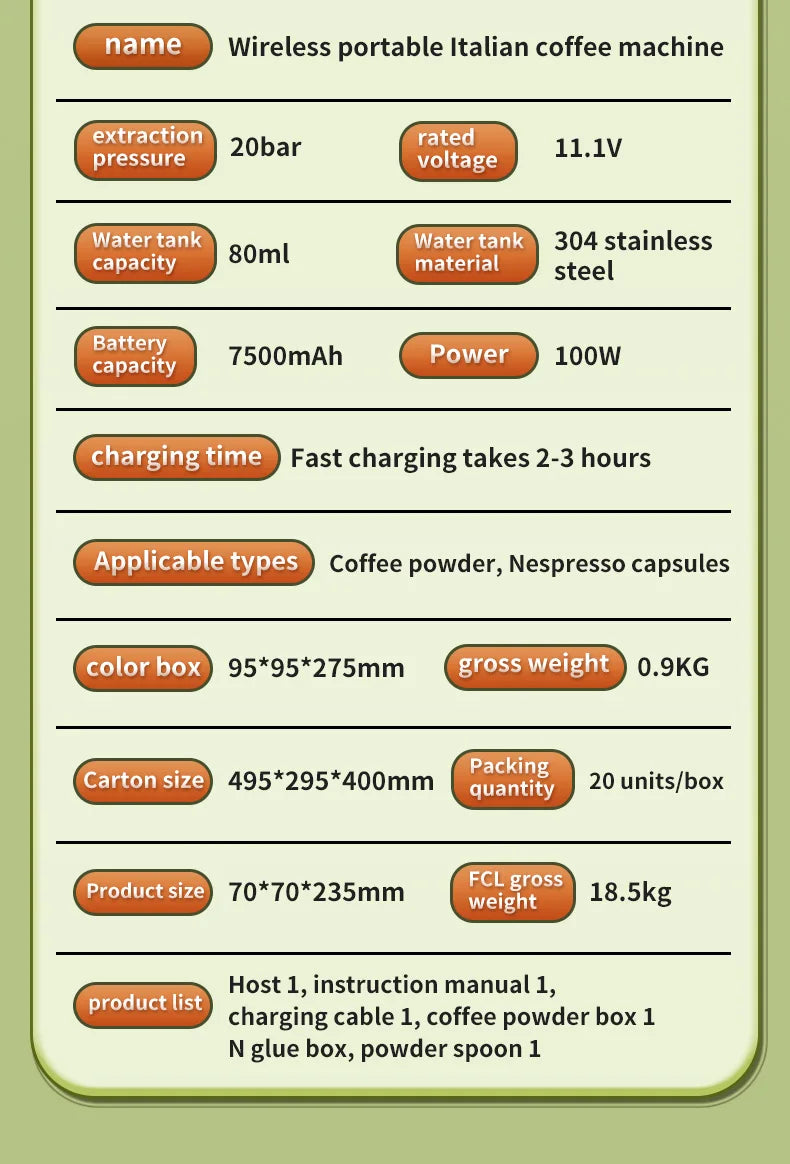 Wireless portable Italian coffee machine with 20bar pressure, 80ml stainless steel tank, for powder and capsules.
