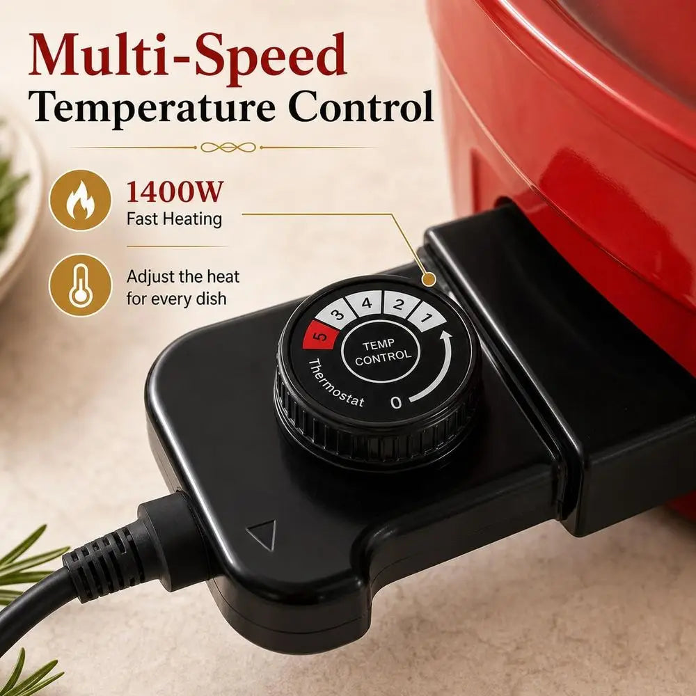 Black temperature control dial on electric hot pot power base, numbered settings