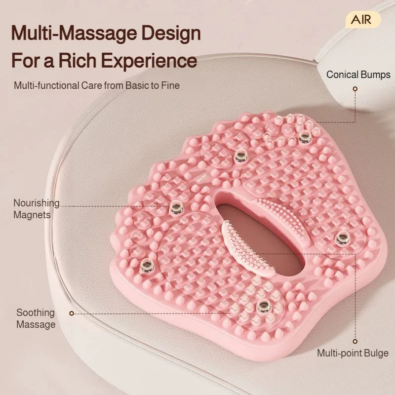 Pink, foot-shaped acupoint massage mat with conical bumps, built-in magnets, and a non-slip, inflatable design.