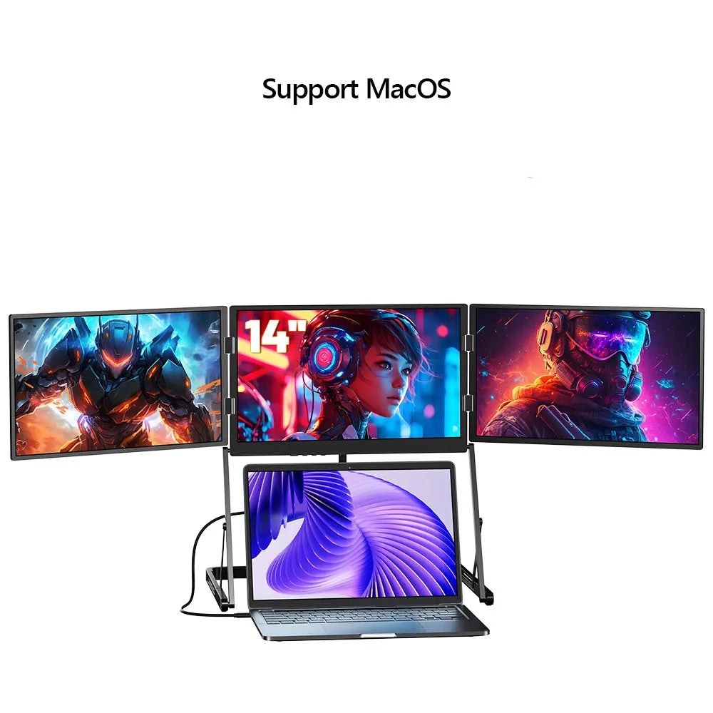Sibolan 14" Three Screen Portable Monitor 60Hz 100% sRGB Metal Body HDMI USB-C Plug Tripe Laptop Screen Extender For Win mac OS