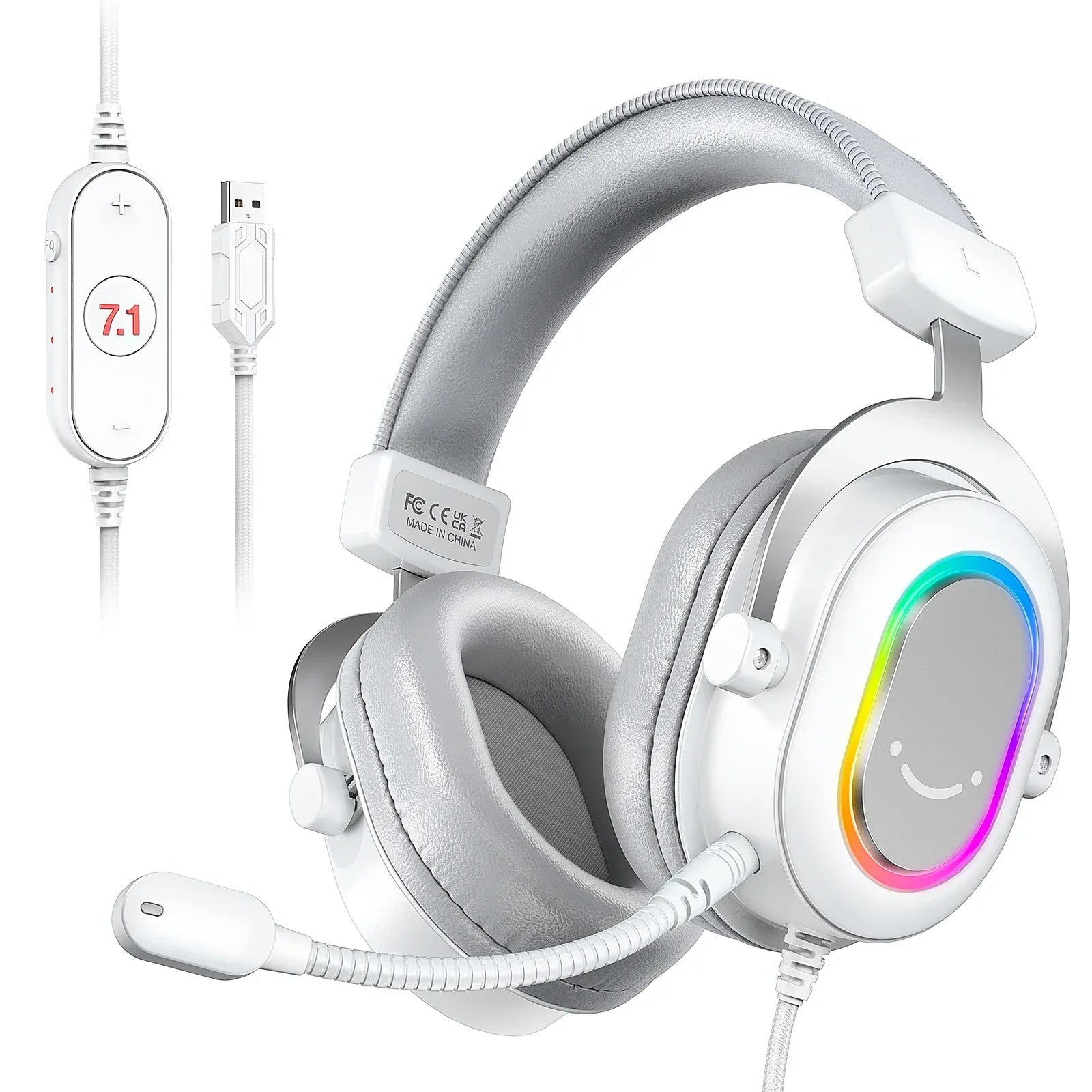 FIFINE RGB Gaming Headset with 7.1 Surround Sound/3-EQ/MIC,Over-ear Headphone with In-line Control for PC PS4 PS5 Ampligame-H6W WHITE Tidesmit
