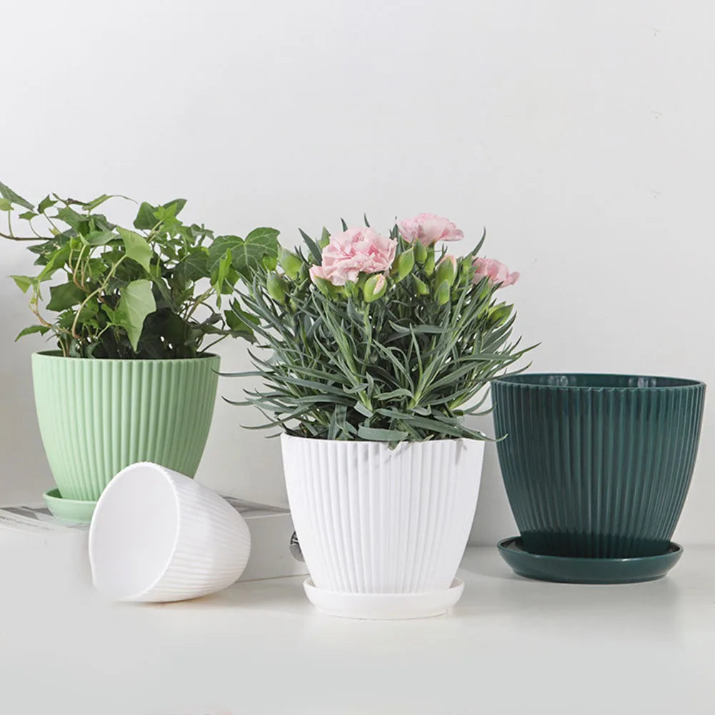 5 Pcs Modern Resin Planters 6 Inch Drainage Hole Flower Pots With Saucers Vertical Stripe Design For Houseplant Garden