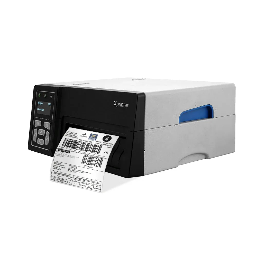 Black industrial thermal label barcode printer with front controls and label output slot