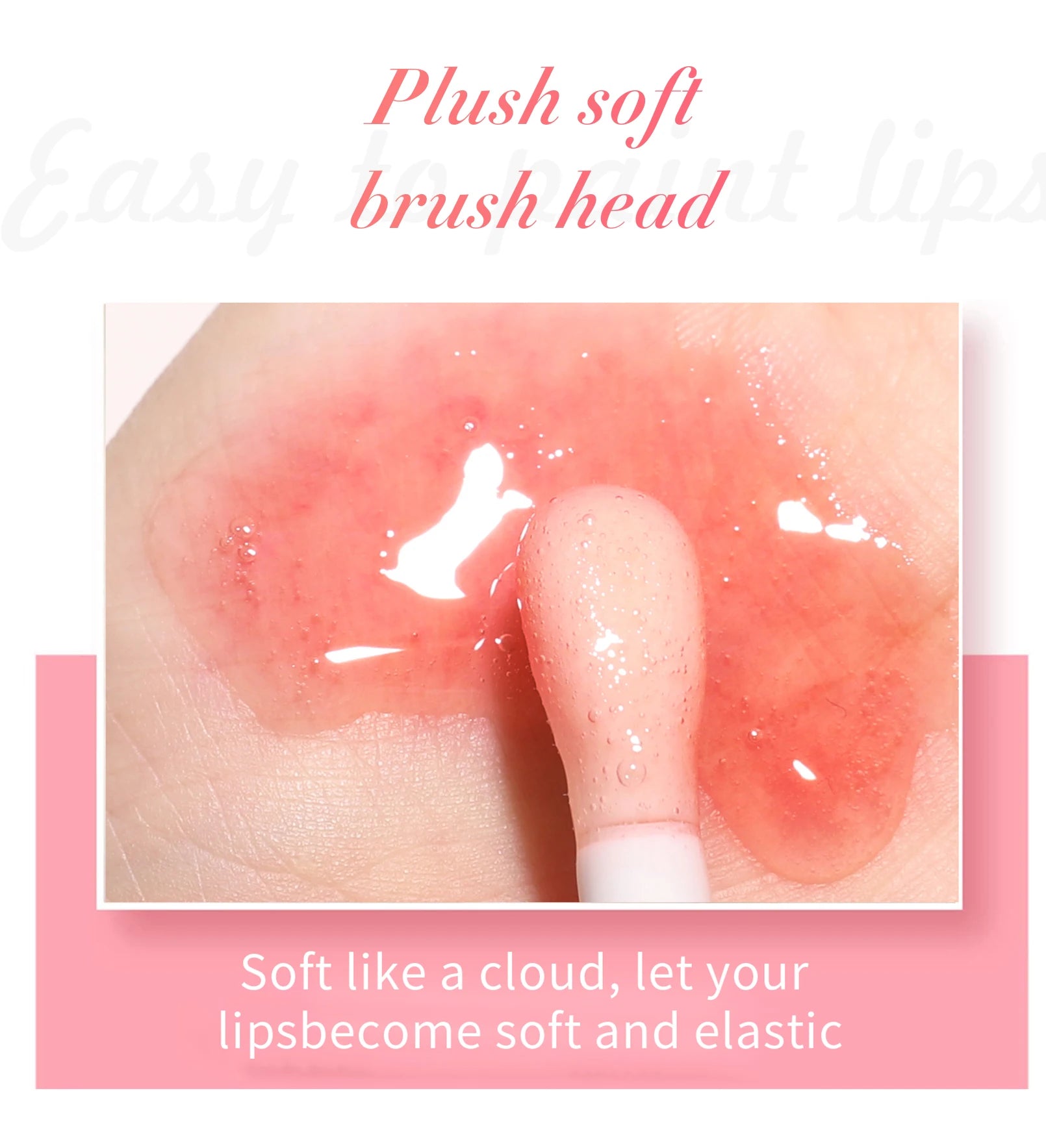 Clear pink crystal jelly lip oil with a soft, plush applicator wand for a glossy, moisturizing, and plumping effect.