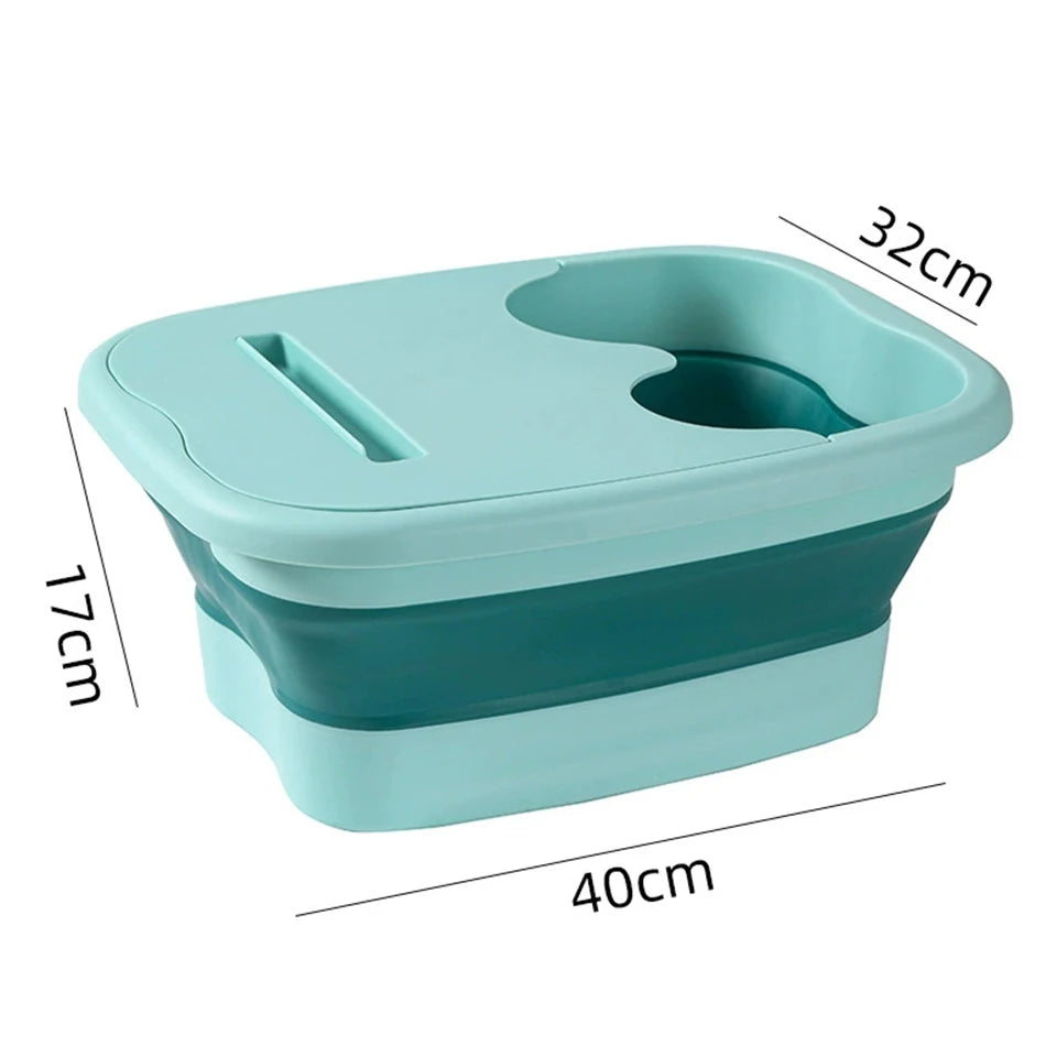 Foldable teal foot bath tub with silicone design, portable basin with lid for home relaxation and travel.