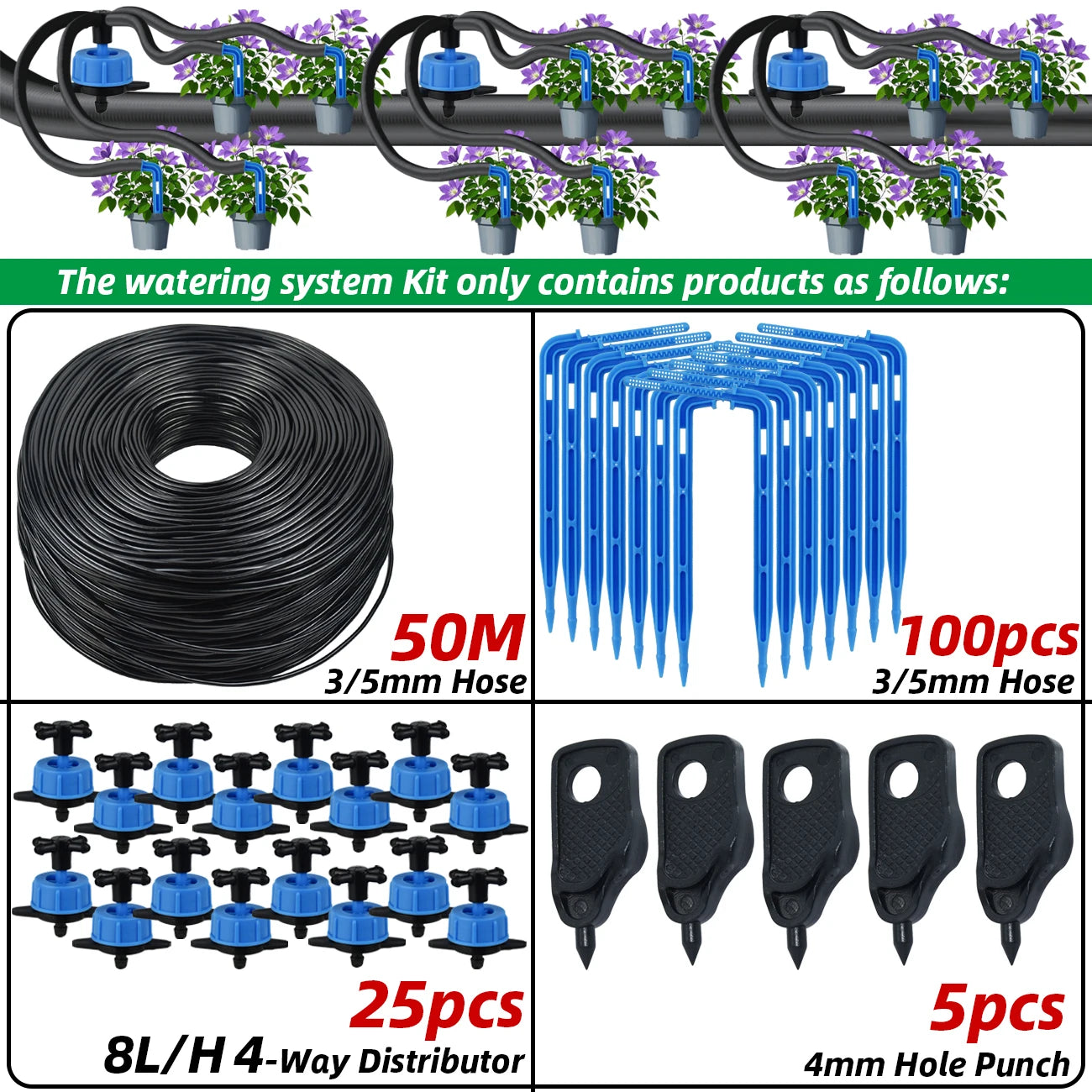 KESLA Drip Irrigation Kit 10-100M 4Way 2Way 8L Drip Arrow 3/5mm Hose Watering System Dripper Sprinkler Pot Planting Greenhouse