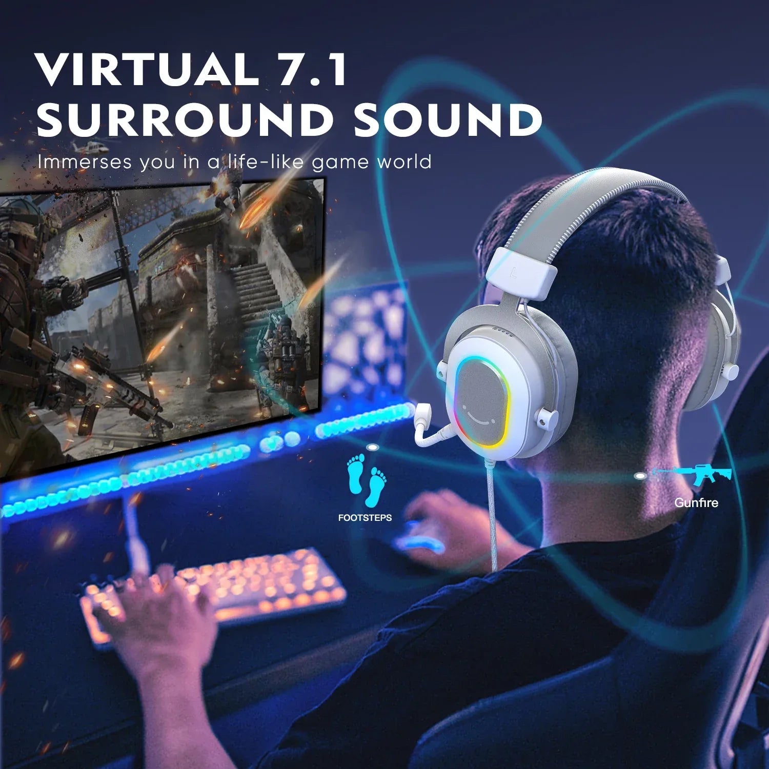 FIFINE RGB Gaming Headset with 7.1 Surround Sound/3-EQ/MIC,Over-ear Headphone with In-line Control for PC PS4 PS5 Ampligame-H6W Tidesmit