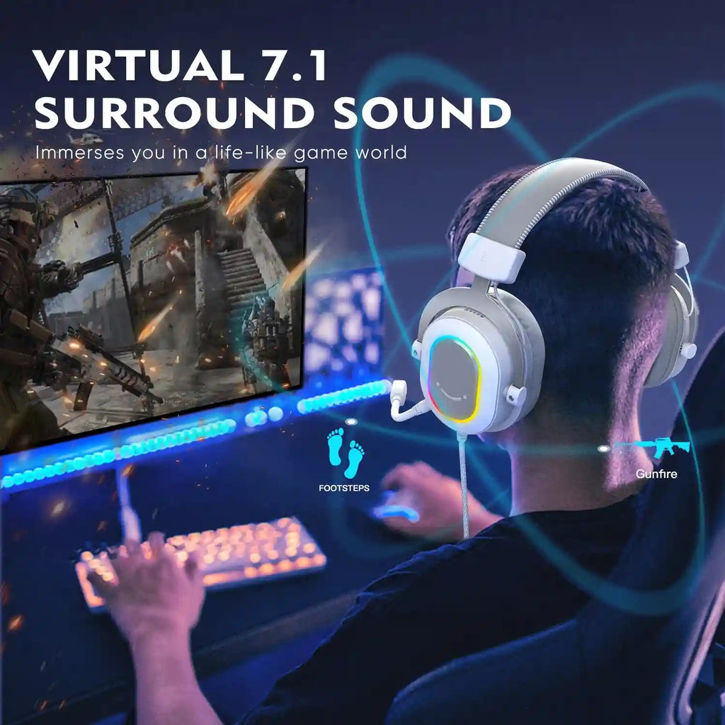 RGB Gaming Headset 7.1 Surround Sound - White Over-Ear Wired Headset Tidesmit