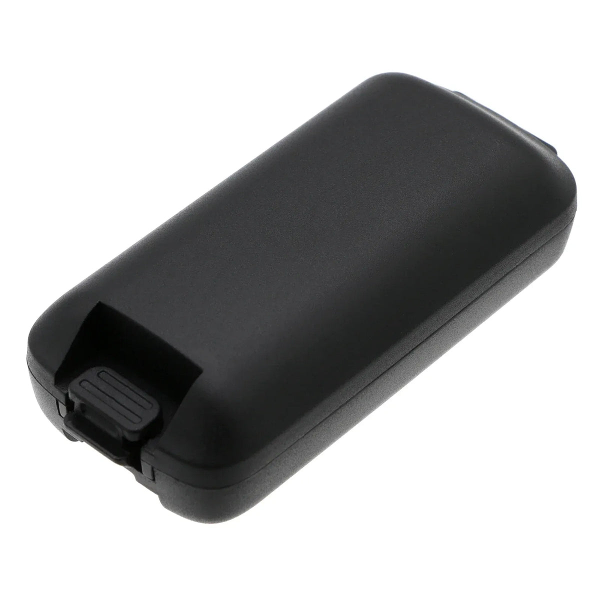 Black battery pack with side latch tab visible, rounded rectangular shape