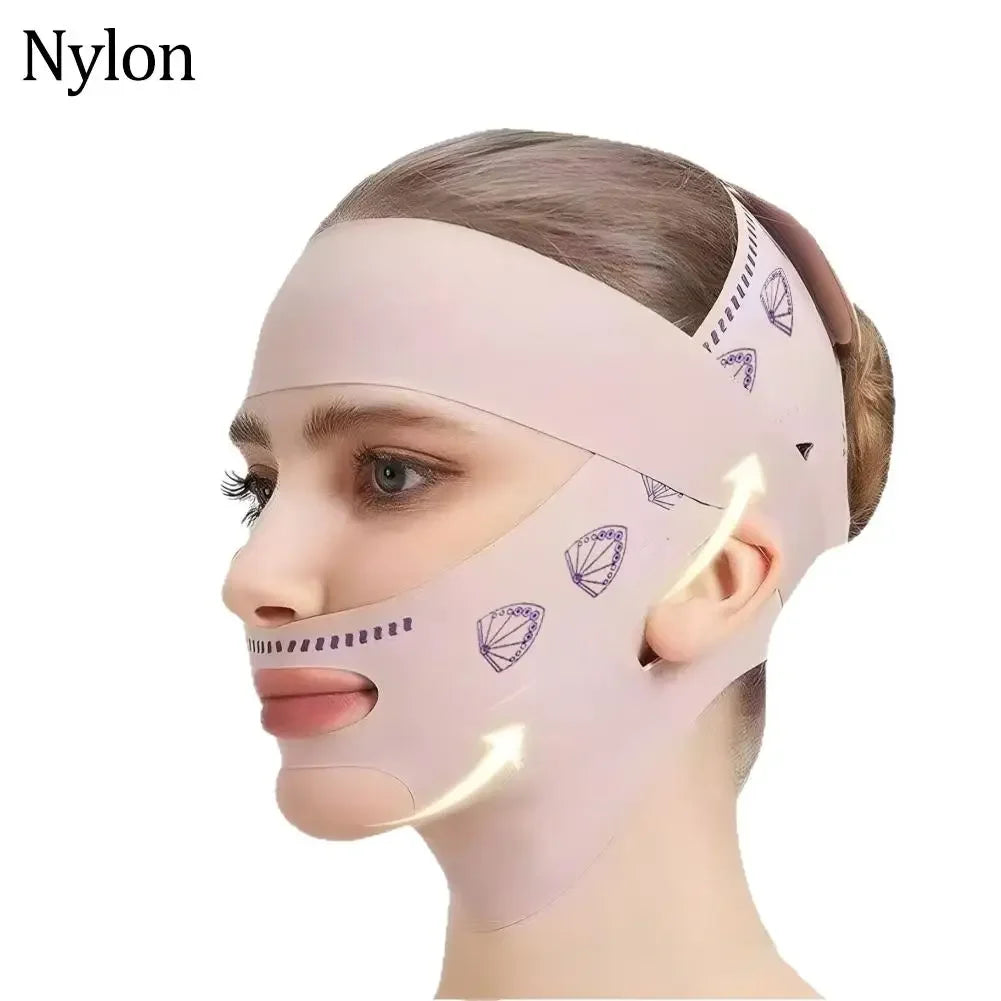 Woman wearing a light pink nylon facial lifting bandage with purple fan patterns, designed for chin and jaw sculpting.