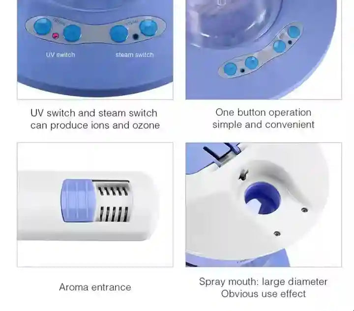 Blue professional facial thermal steamer with UV ozone switches, aroma inlet, and large diameter nano mist spray nozzle.
