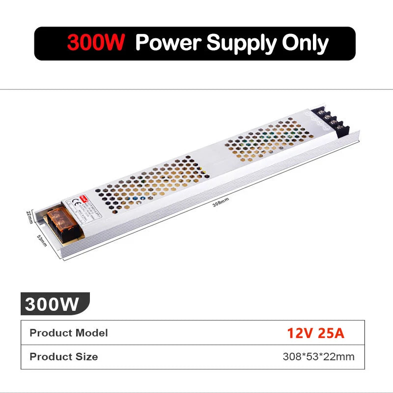 300W DC12V LED power supply module with model size and current specifications