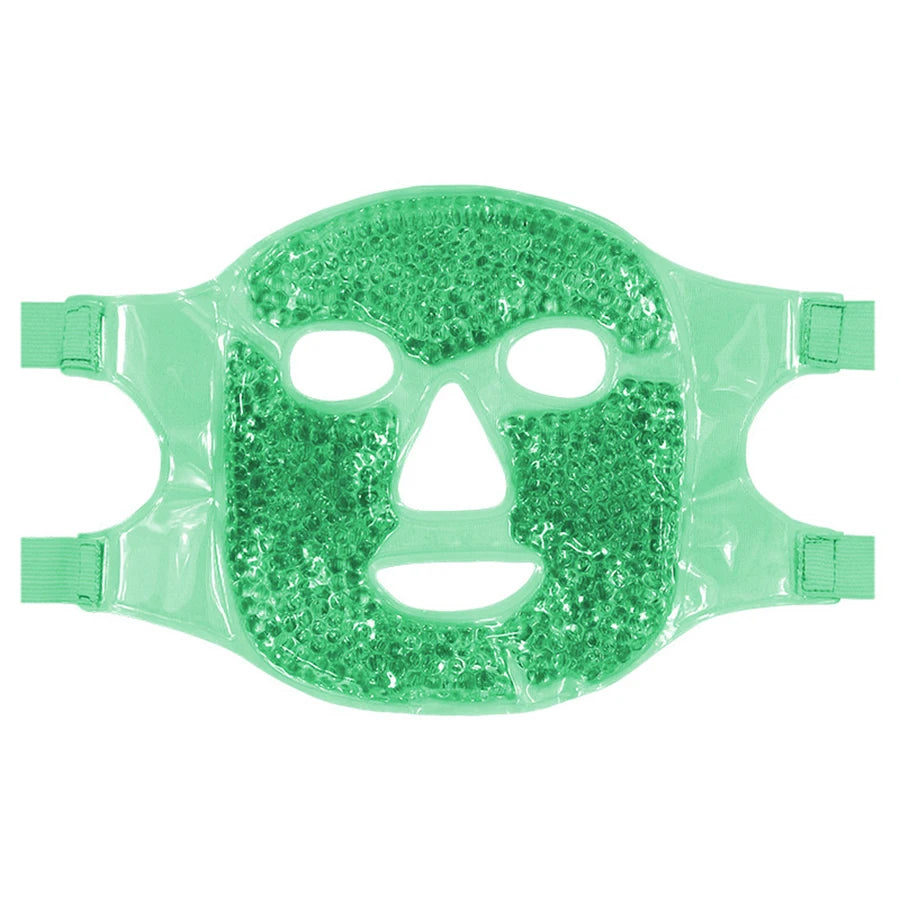Light green gel bead face mask for hot or cold therapy, with cutouts for eyes, nose, and mouth, and side straps.