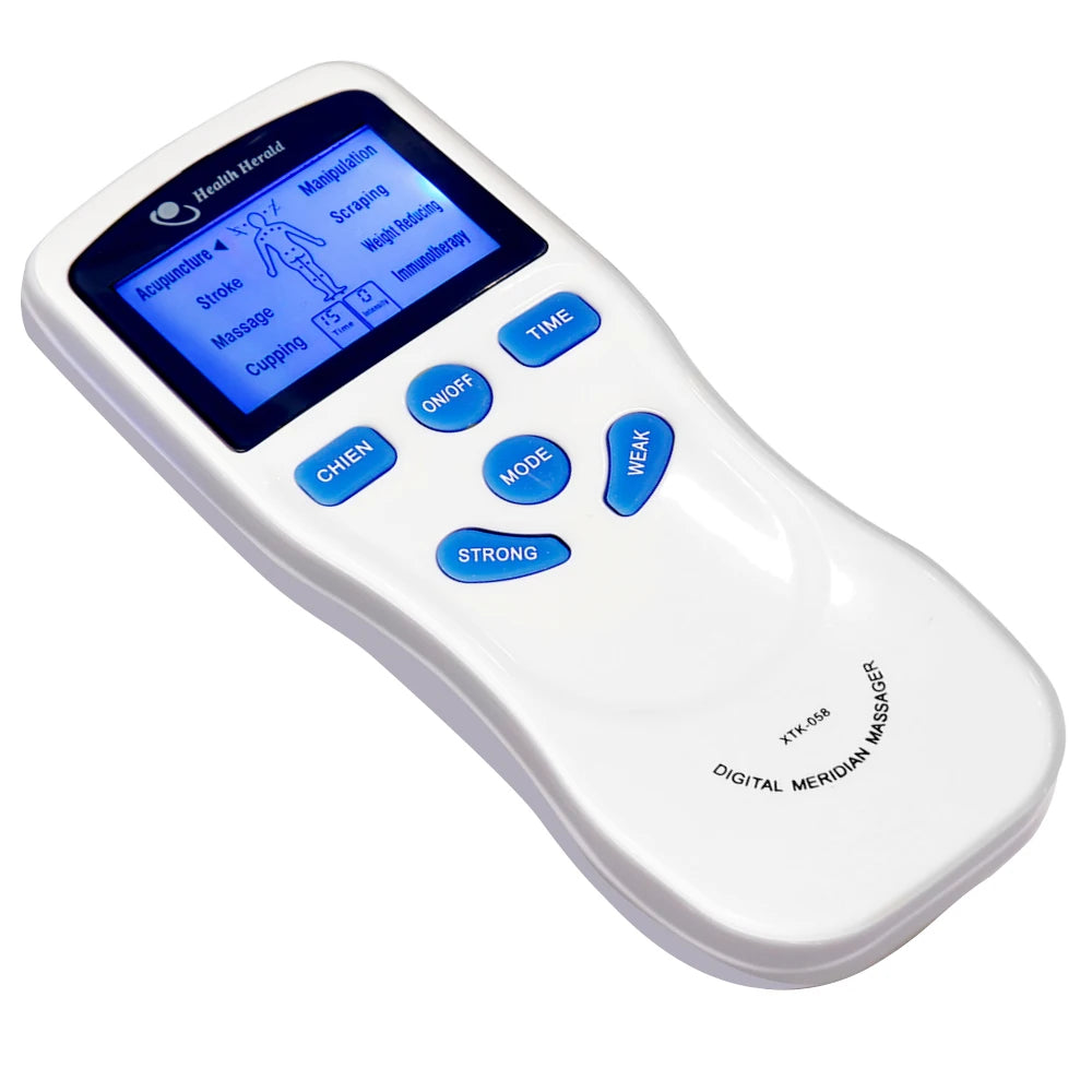 White digital TENS EMS muscle stimulator massager with 8 modes, LCD screen, and control buttons for pain relief.