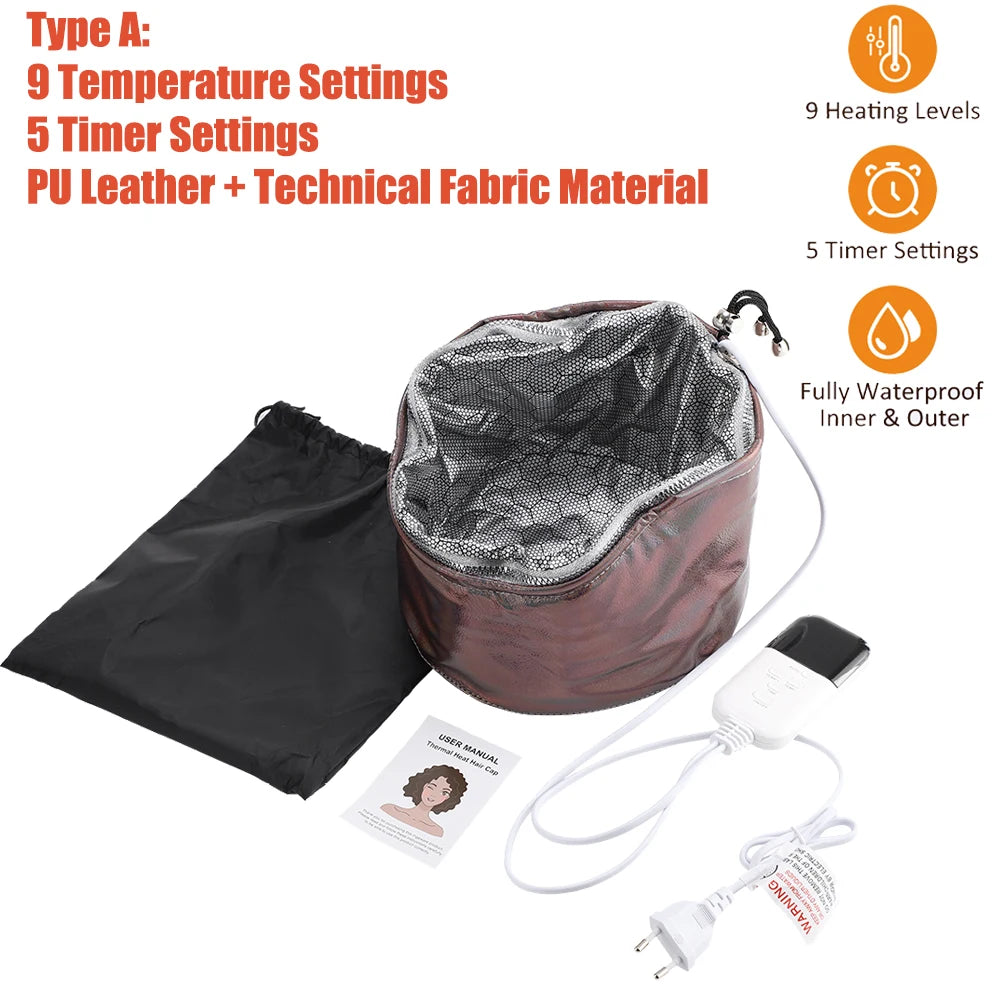 Brown thermal hair steamer cap with 9 heat levels, 5 timer settings, waterproof lining, and manual for deep conditioning.