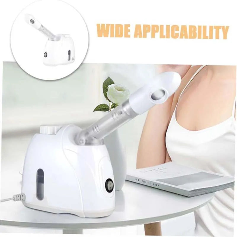 Portable white nano ionic facial steamer for home skin care and nose moisturizing spa treatment.