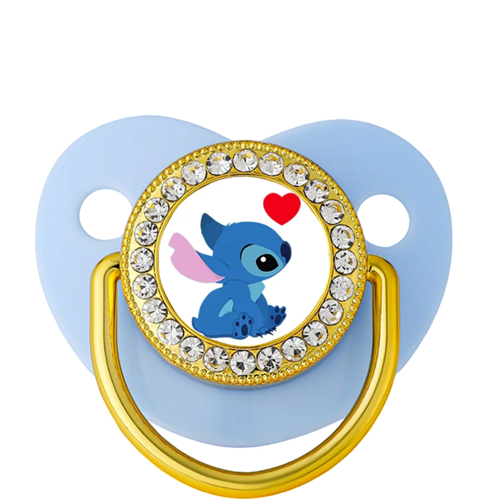 Blue silicone baby teething pacifier with Stitch design and gold crystal detailing for soothing teething pain.