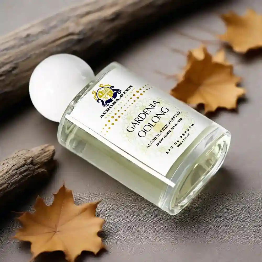 Aurora-Glen Gardenia Oolong Eau de Parfum in rectangular glass bottle. Floral tea essential oil for long-lasting scent.