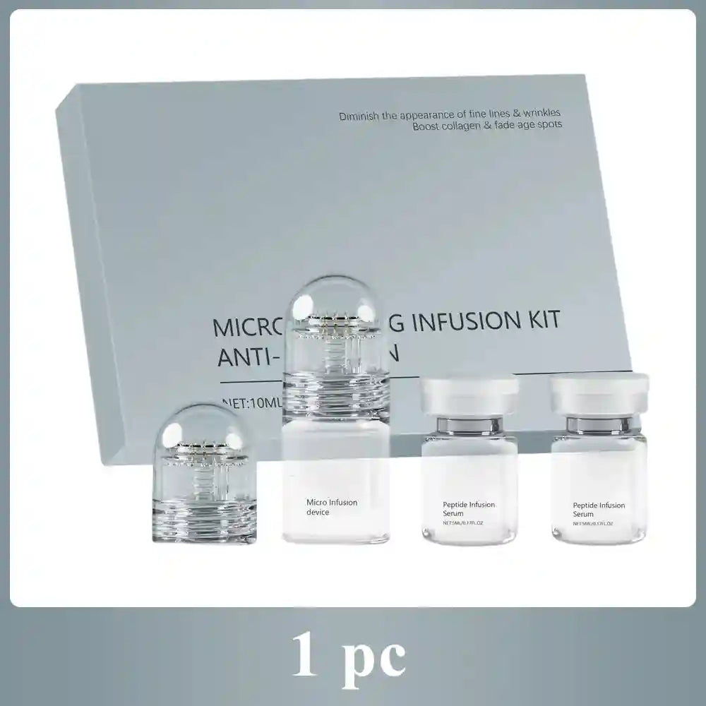 Anti-wrinkle infusion kit featuring a grey box, two micro-infusion devices, and two small bottles of peptide serum.