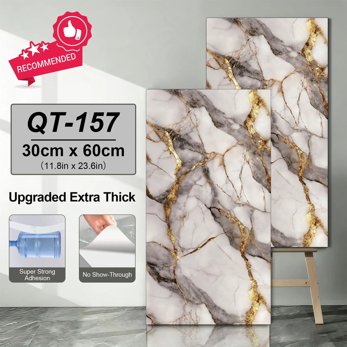 White marble-look self-adhesive tile stickers with gray and gold veining, three-panel view
