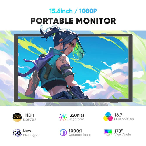 Thin black 15.6-inch rectangular portable monitor displaying an anime-style character against a green and white background.