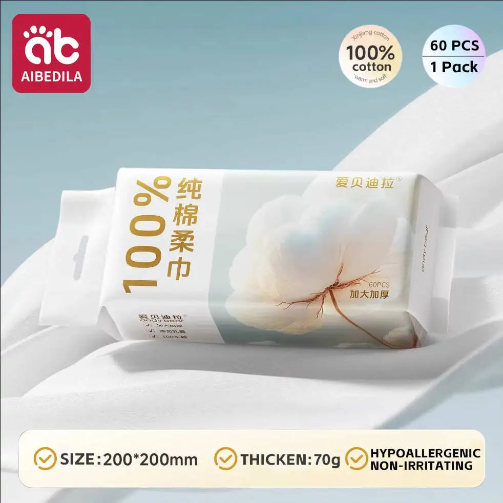 AIBEDILA baby care: 60-count pack of 100% cotton soft baby wipes, hypoallergenic, thickened, 200x200mm size.