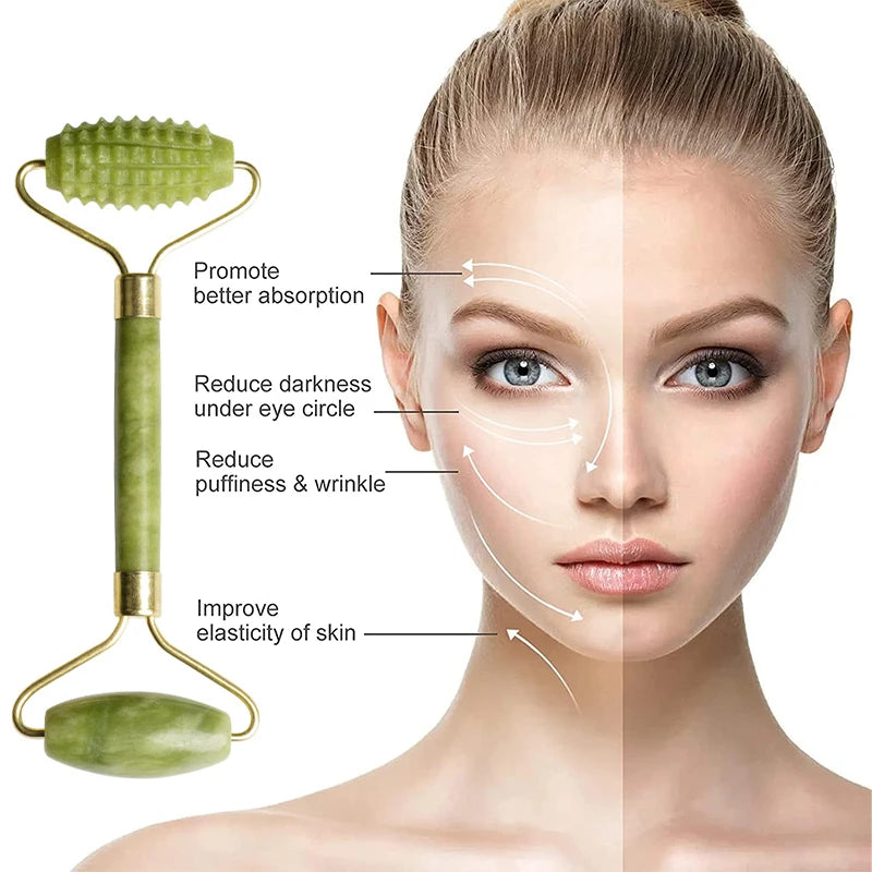 Green jade facial roller with textured and smooth ends next to a woman's face showing massage technique diagrams.