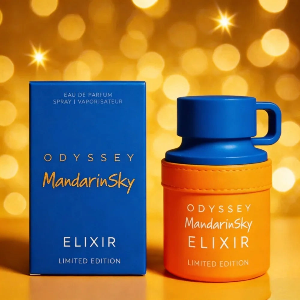 Odyssey Mandarin Sky Elixir EDP: Luxury unisex Arabic perfume, 100ml, floral notes, unique blue/orange bottle design.