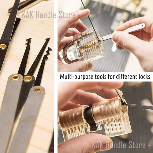 Transparent lock training kit being opened with metal picks and a key