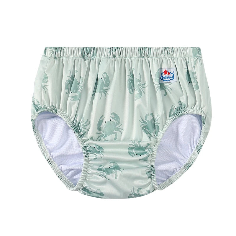 Babyland reusable baby swim diaper with green crab print. Waterproof cloth diaper cover for infants.