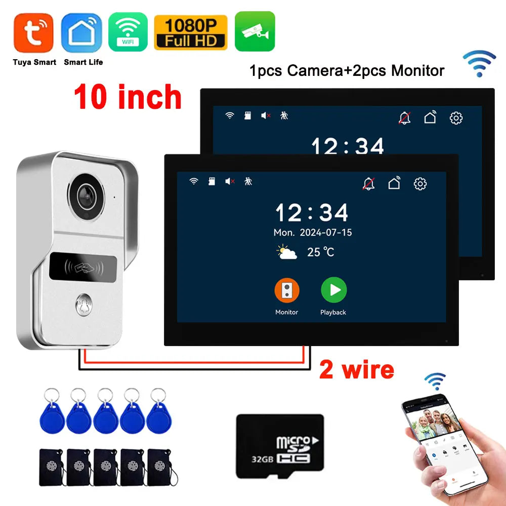 10-inch video door intercom kit with white camera, two monitor screens, and 2-wire cable
